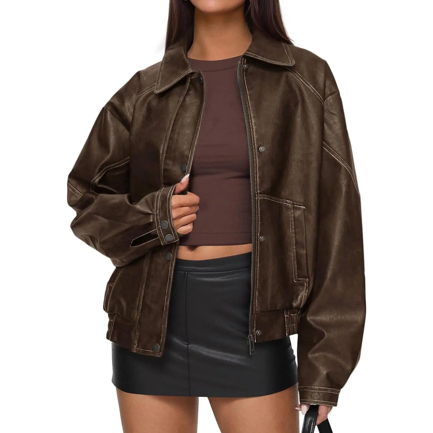 Arssm Women’s Faux Leather Jacket – Oversized Bomber Moto Jacket Zip Up, Casual Streetwear Fall Winter Coat, Vintage PU Leather Biker Jacket Outfit 2026