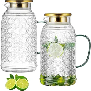 Amzcku Glass Pitcher with Lid, 2 PACK 68 oz/2 Liter Vintage Water Pitcher, Clear Borosilicate Glass Water Carafe for Cold Brew, Coffee, Lemonade, Iced Sun Tea,Beverage, Milk, Heat Resistant