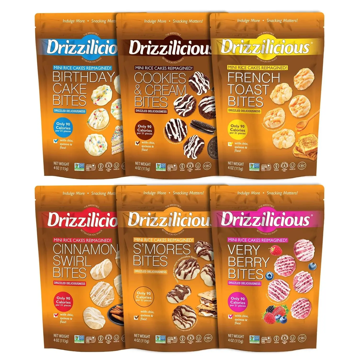 Drizzilicious Mini Flavored Rice Cakes - 4 oz (Pack of 6) Rice Crisps, Healthy Snack for Adults & Kids, Vegan, Gluten Free, 90 Calories Per 21 Pieces, Ultimate Variety Pack