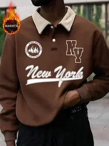 Men's Retro Casual Polo Collar Sweatshirt | Contrast Sherpa Fleece Collar Thermal Pullover with NY/New York Graphic Print | Vintage Loose Fit