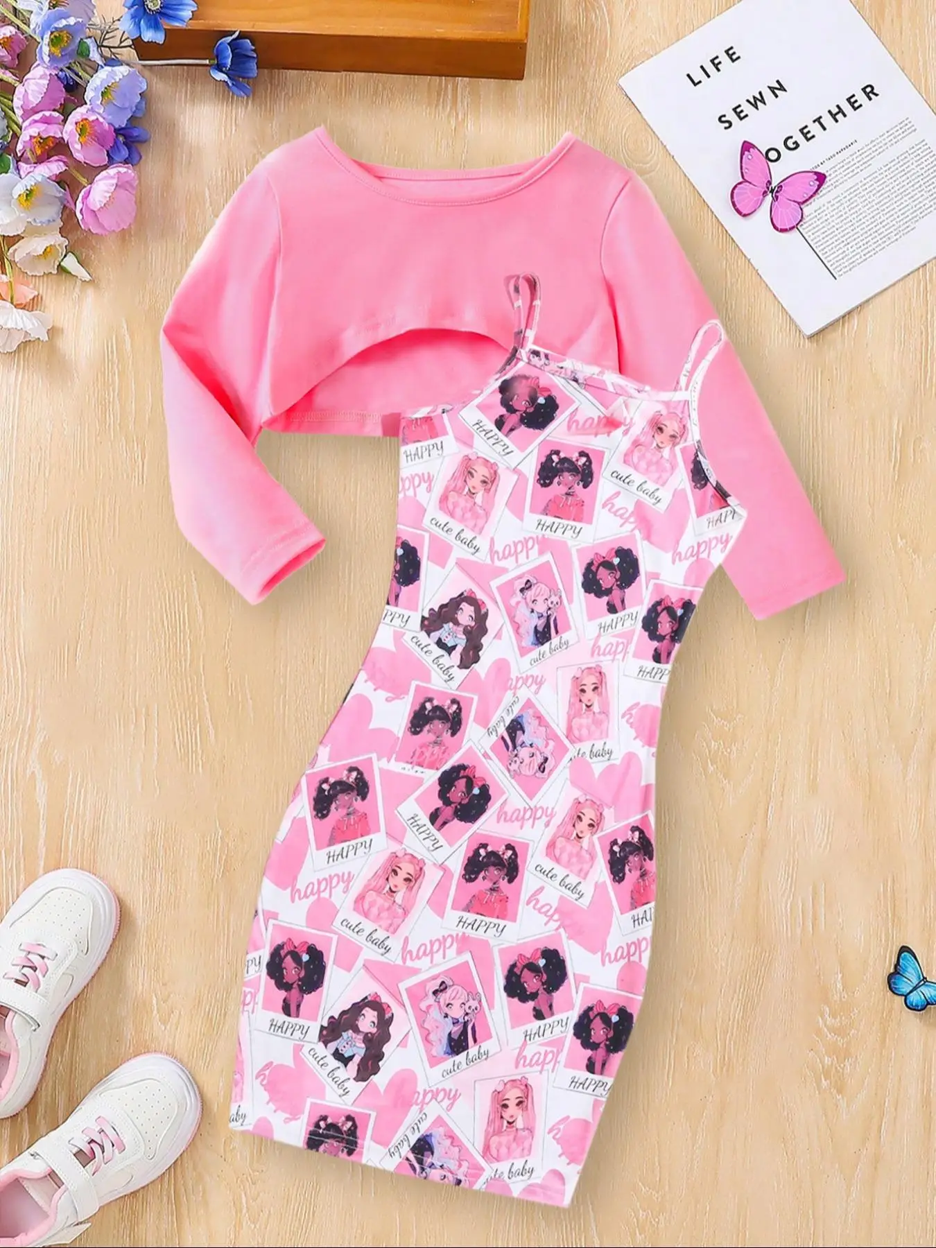 Two-piece Set Girl's High Low Hem Crop Tee & Cartoon Figure Print Cami Dress, Casual Fashion Round Neck Long Sleeve Top & Sleeveless Dress for Daily W