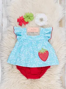 Sweet Strawberry Sky Embroidered Ruffle Bloomers Outfit
