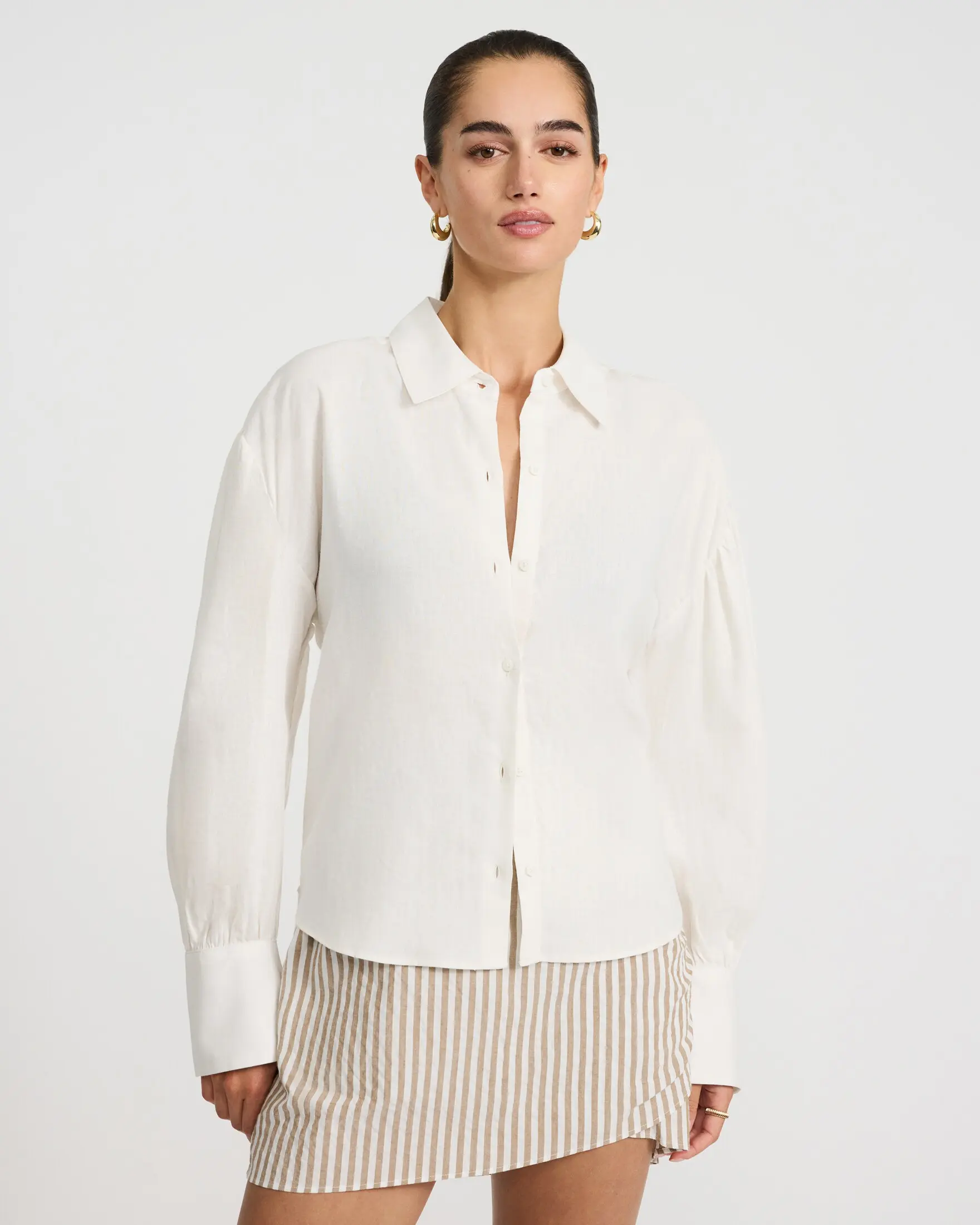 Express Summer-Blend Linen Long Balloon Sleeve Oversized Shirt, Day, Button, Blouses