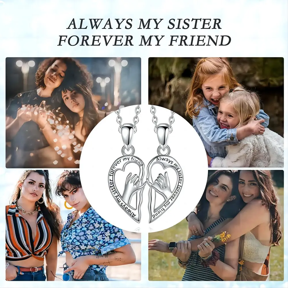 2-Piece Best Friend Heart Pendant Set, Silver Hand Holding Necklace for Girls, Long Distance Friendship Birthday Gift, BFF Jewelry for Women