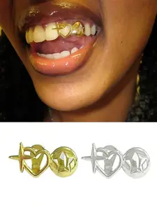 18K Golden Plated Teeth Grillz for Women Grills for Your Teeth Men Gold Tooth Cap Grillz for Women Golden Tooth Jewelry Hollow out Cross Heart Mouth Grills Men Hip Hop Outfits Custom Accessory Halloween Party