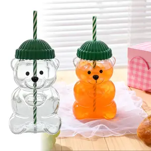 Cute bear designed plastic water bottle, versatile, leak proof lid and reusable straw, perfect gift idea