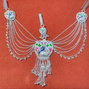 8% Chandi plated  Kondora Silver  Plated Waist  Kamarbandh Chain Belt with Colorful Peacock Pendant and Tassels