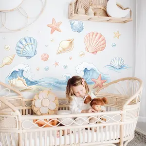2Pcs/Set (3060cm2pcs) Watercolor Ocean Shell Wall Sticker Set, Fresh Seaside Themed Self-adhesive Wall Decor for Kids Room