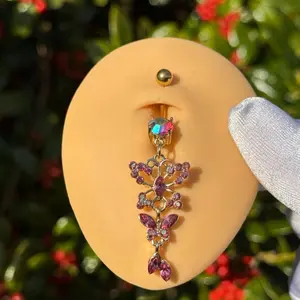 Butterfly Belly Ring - Surgical Steel 14G 10mm Bar with Colorful Accents and Gold Finish