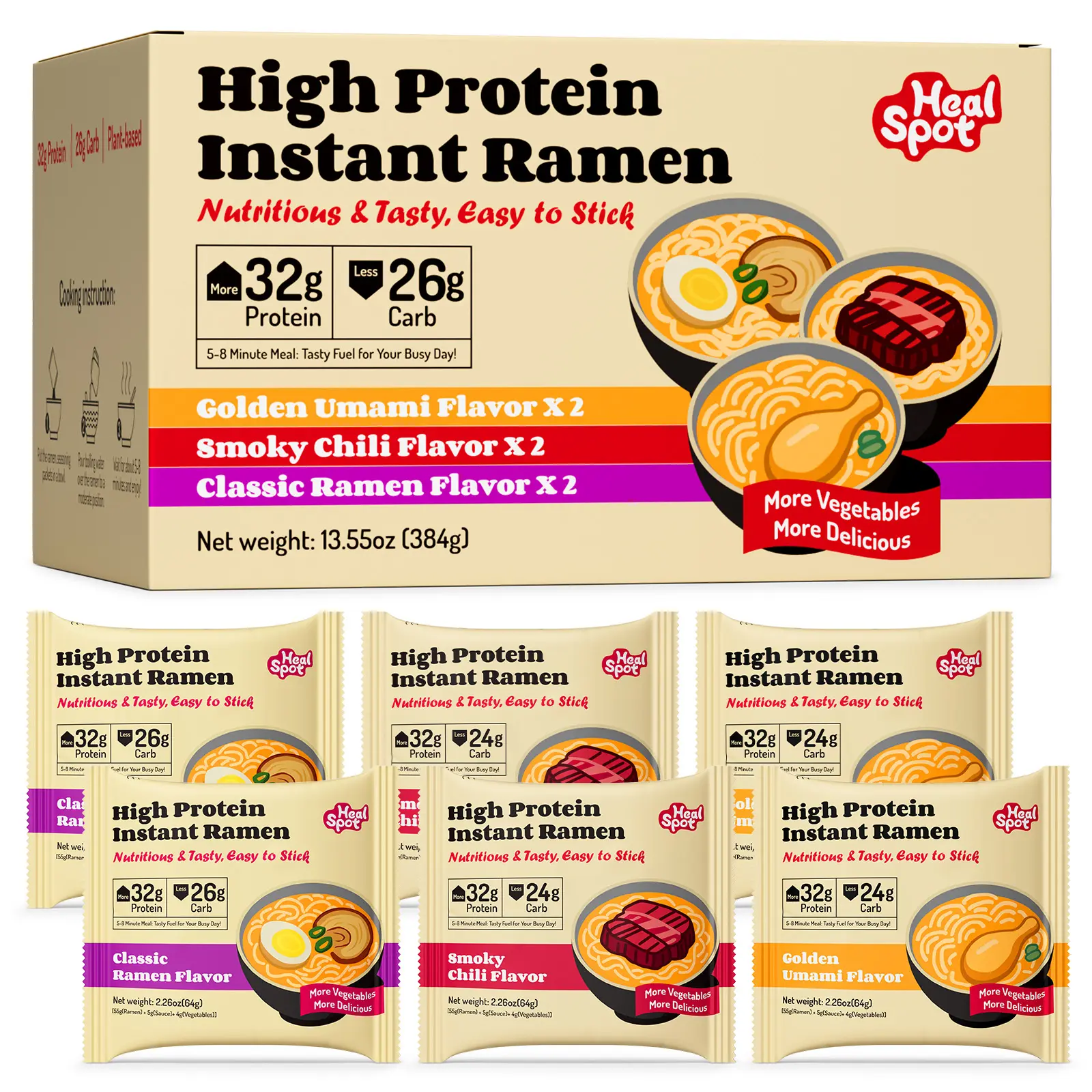 Healspot High Protein Instant Ramen, 6 Pack, 32g Plant-Based Protein, Non-Fried, Low Carb, Variety Pack or Single Flavors