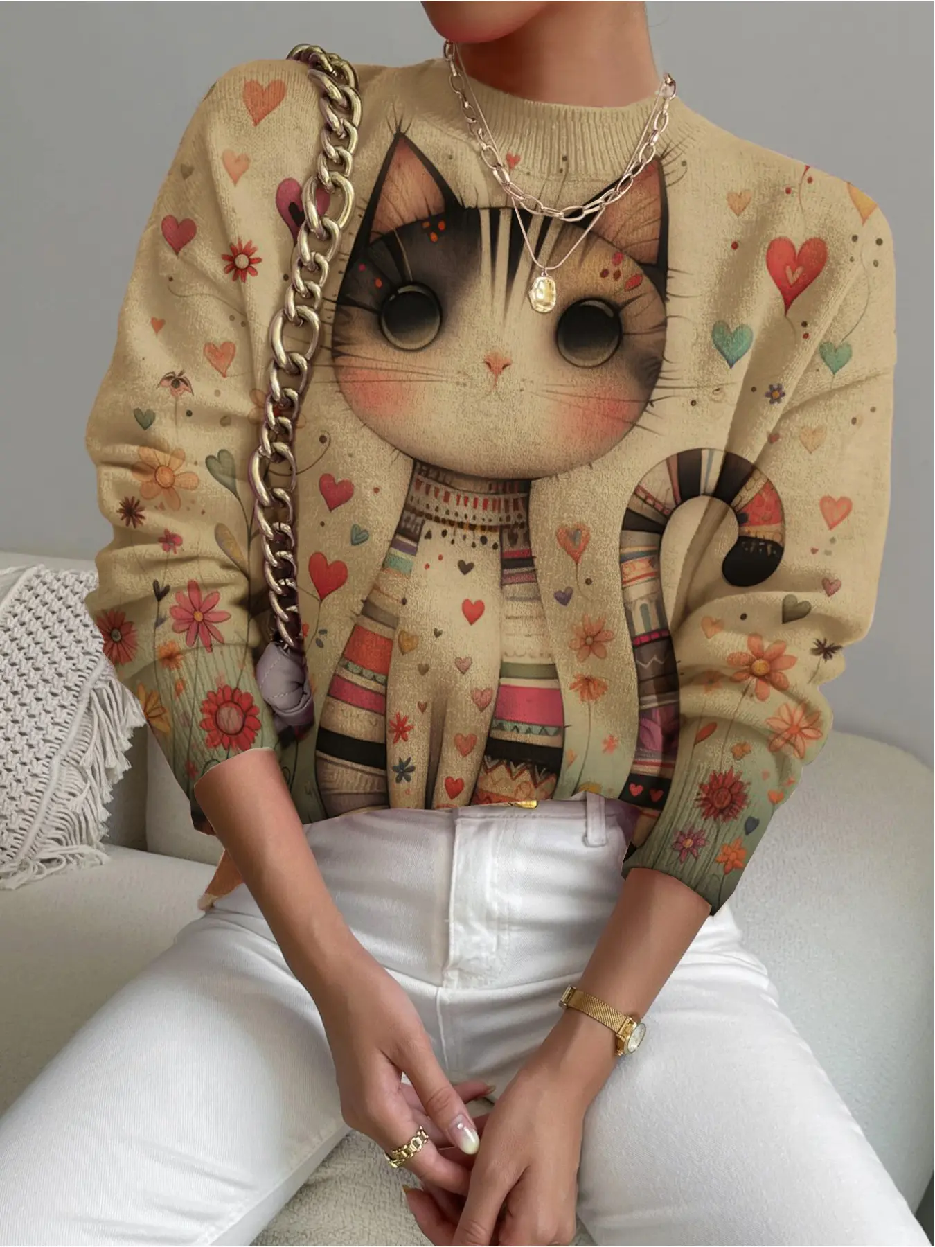 Women's Cartoon Heart Print Stand Collar Fitted Cropped Sweater, Fall Winter Casual Long Sleeve Knitwear, Comfortable Warm Daily Wear, Womenswear, Chic Casual Jumper, Knit Sweaters, Tops
