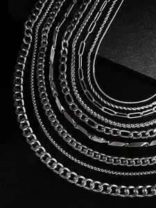 Men's Titanium Steel Necklace Set, Cuban Link Chain, 9-Piece Stainless Steel Jewelry Collection, Daily Wear Accessories for Men, Versatile Design Options, Stainless Steel Necklaces