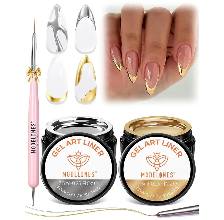 Modelones Gold Silver Gel Nail Polish Set, 3D Chrome Metallic Liner Gel with Fine Brush for French Tip Professional Detail Nail Art Mirror Effect False Nails DIY Soak Off Manicure Gift for Women