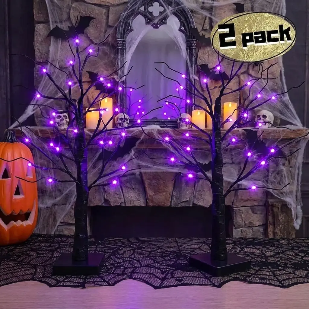 Unisex Halloween LED Tree Light Ornaments - 2-Piece Set, 24in Tall, 24 Orange & Purple LED Lights, Dual Power Supply (USB & Battery), Indoor Home Decoration for Fireplaces, Entryways