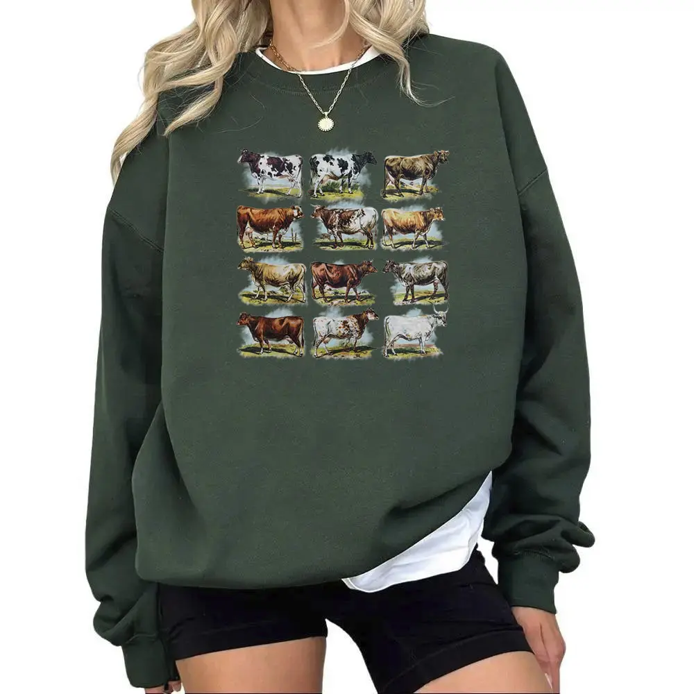 Women's Unisex Pullover Sweatshirt - Vintage Cow Breed Chart Print, Cow Farm Theme, Cotton Fabric Hoodie (3)