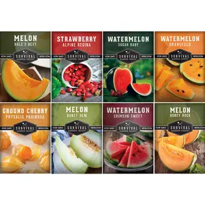 Survival Garden Seeds 8 Fruit Seed Collection - Strawberry, Melon, Watermelon Pack Including Alpine Regina, Honey Rock Muskmelon, & Ground Cherry Varieties