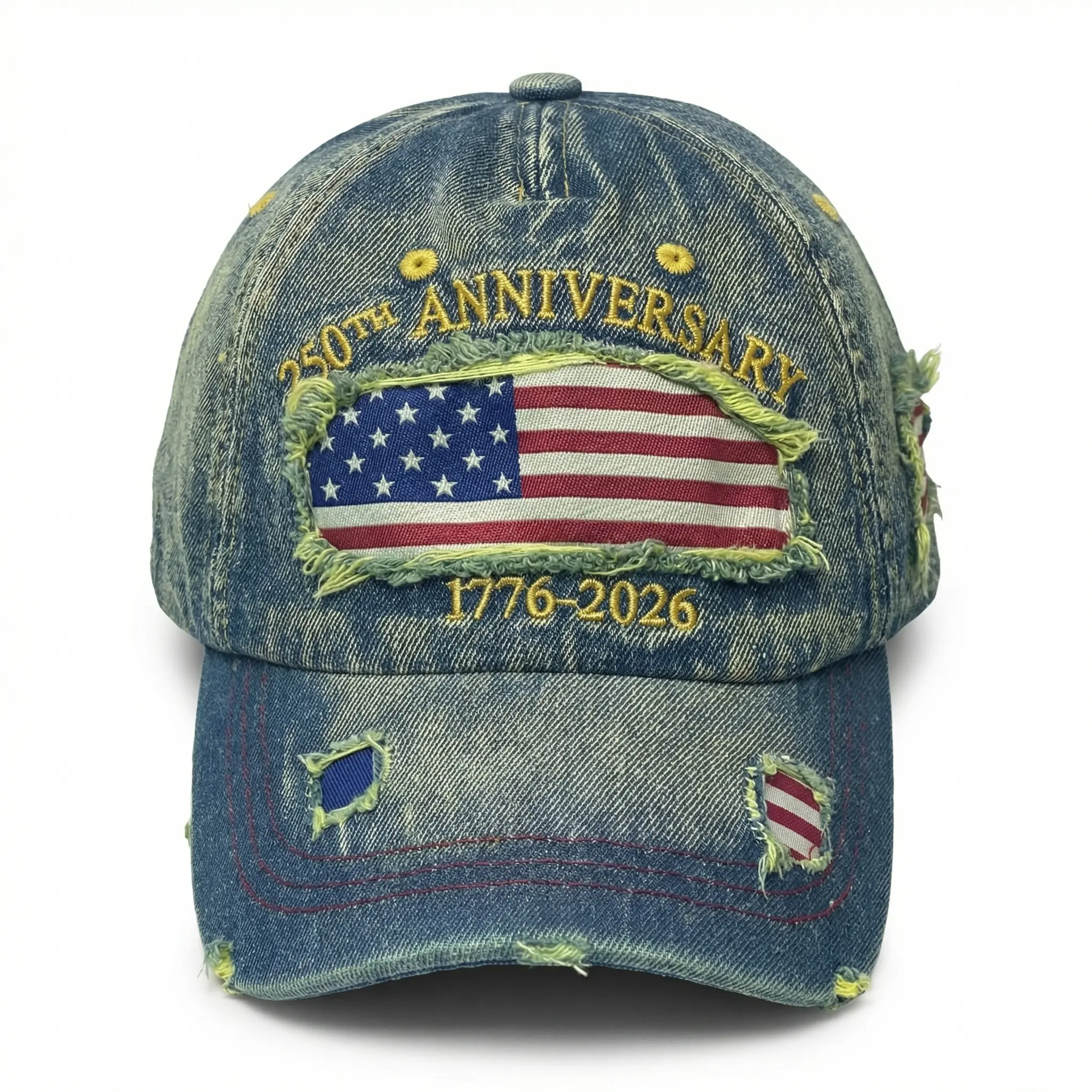 America250 Men's Baseball Cap, Retro Washed Denim with Embroidered Stars and Stripes, Casual 250th Anniversary Relaxed Fit Hat, Embroidered Stars And Stripes Flag, Adults, Casual Distressed Look, Linen Denim, Embroidery Flag, Male Hat, Retro Look, All Ame