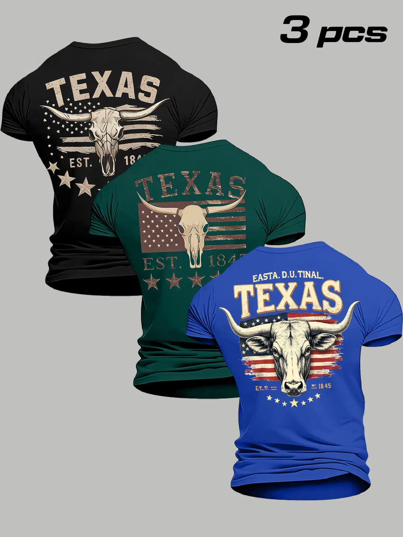 Men's Trendy Western Streetwear Texas Longhorn Print Short Sleeve Round Neck Tee (3-Pack), Soft Breathable Fabric, Loose Fit, Baggy, Summer Casual Wear