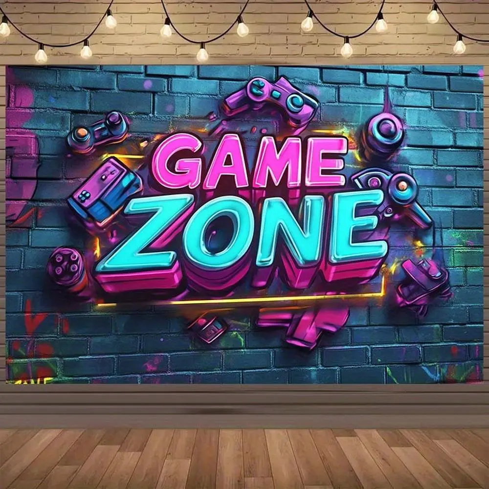 1pc Neon Polyester Gaming Room Graffiti Banner - Vibrant Colors, 2D Flat Game Controllers Print, No Electricity Needed, Multi-Size, for Gamers' Happy Birthday, Parties, Watch Party Decor