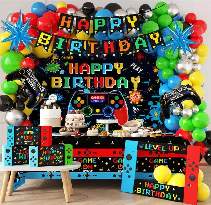 Click to see full view Gamer Birthday Party Decorations 147PCS Video Game Party Decorations Included Balloon Arch Game-ON Backdrop Level Up Tablecloth Photo Booth Boxes Banner for Boys Girls Birthday Supplies