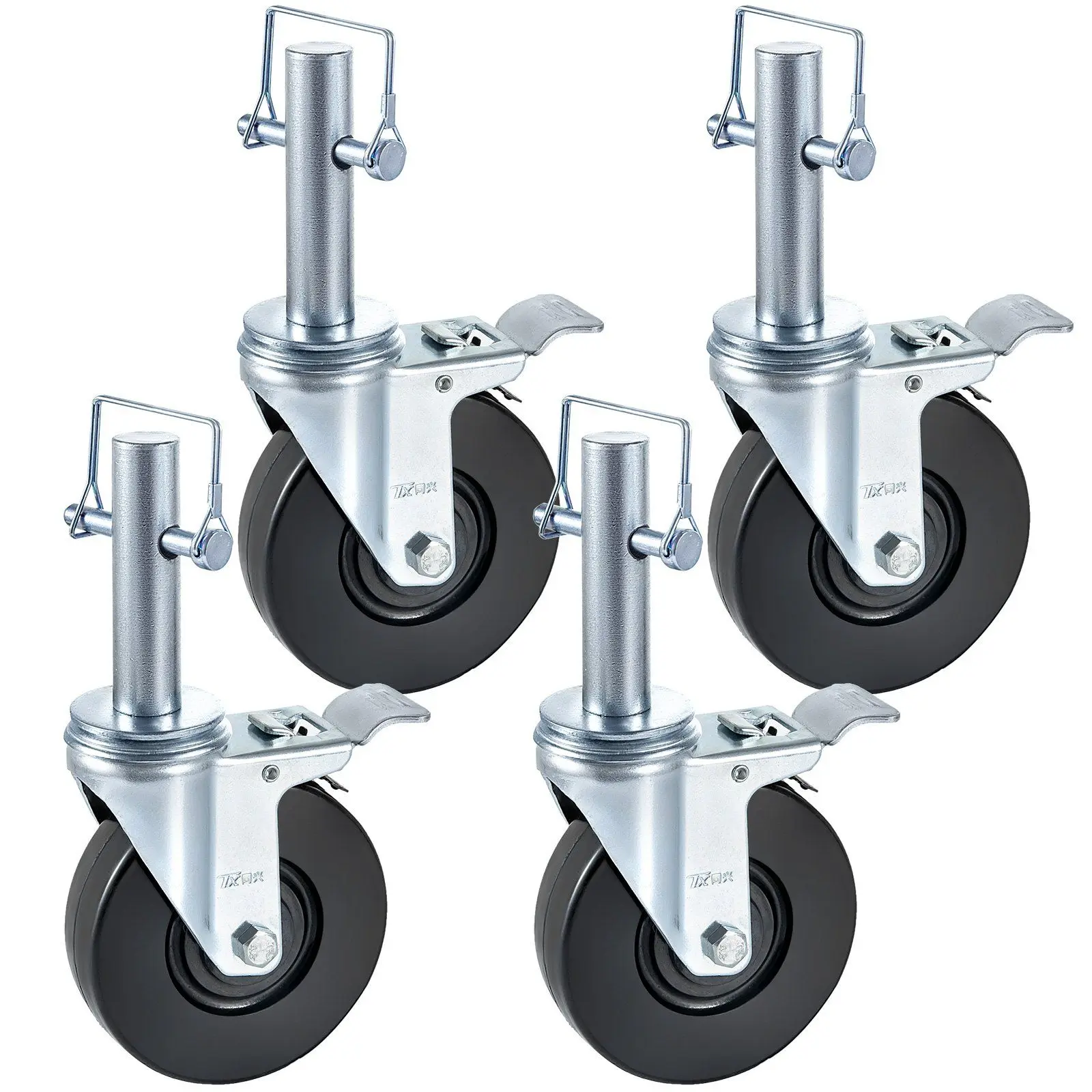 VEVOR Baker Scaffold Wheels 4 Pack 5" Scaffolding Wheels 1" Solid Round Stem 280LBS Wheels for Scaffolding Rubber Scaffold Wheels with Dual Locking Heavy Duty Casters Capacity