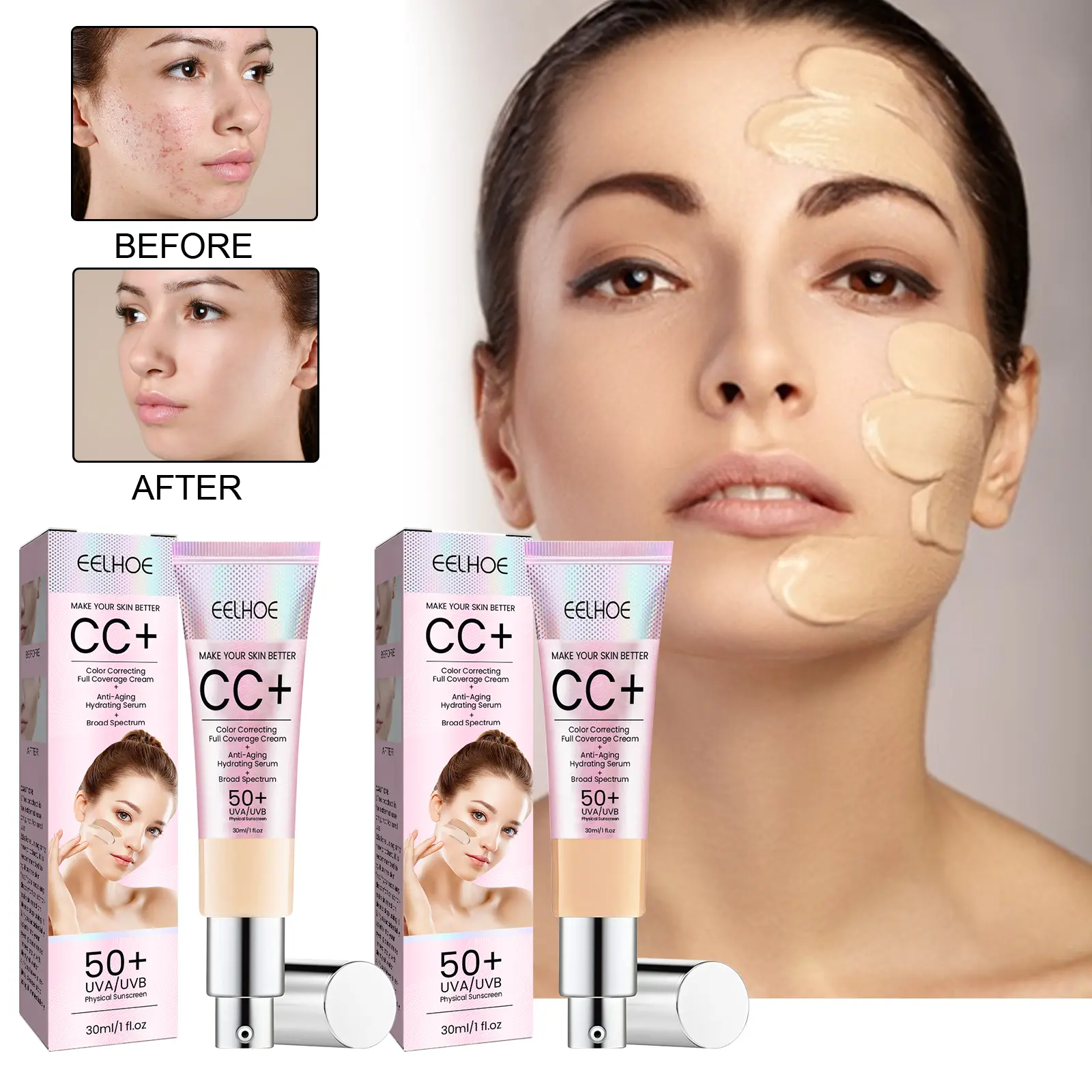 EELHOE Face Repair Cc Cream Natural Concealer, Water Resistant, Moisturizing And Repairing Brightening Skin online clean shave Cleansing Makeup Lighten Cleanser