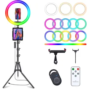 10" Selfie Ring Light with 73" Tripod Stand & 1 Phone Holder, LED Camera Ringlight with 48 RGB Colors Modes & Musical Rhythm Mode and 12 Brightness Dimmable for TikTok/Makeup/Photography/Vlog