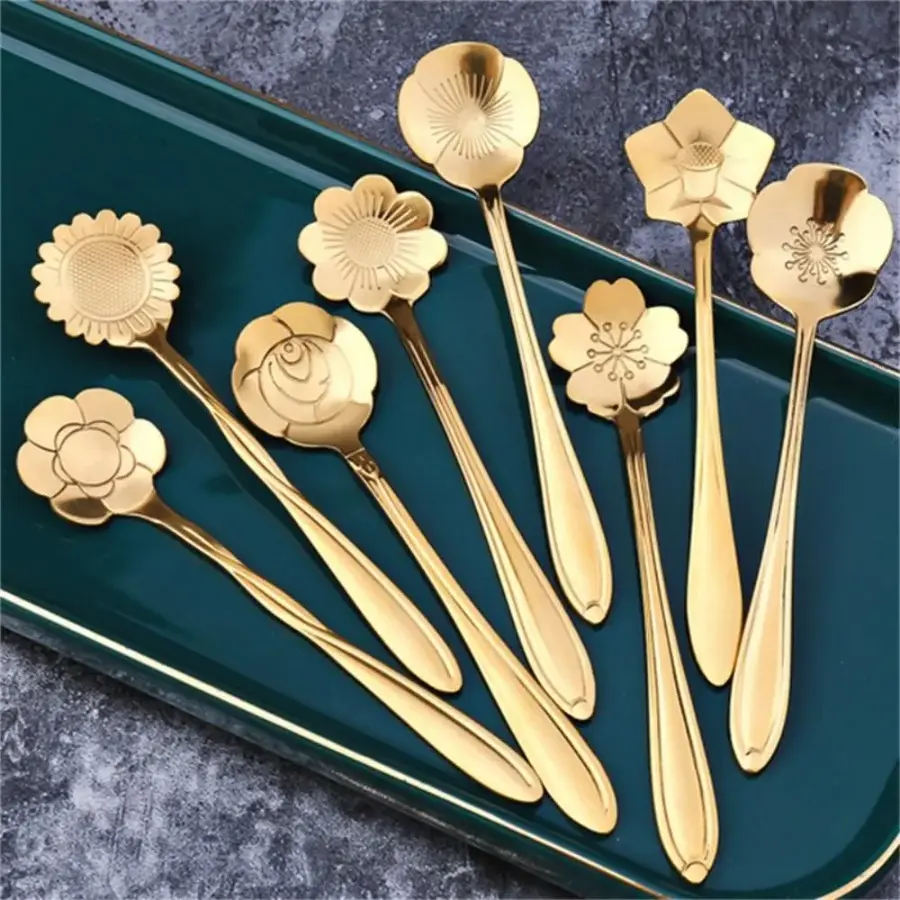 Luxury Flower-Shaped Carved Coffee Spoon, 8 Counts Stainless Steel Dessert Spoons, Tea Spoons, Household Ice Cream Honey Spoons For Kitchen Dining Room Canteen, Summer Gift