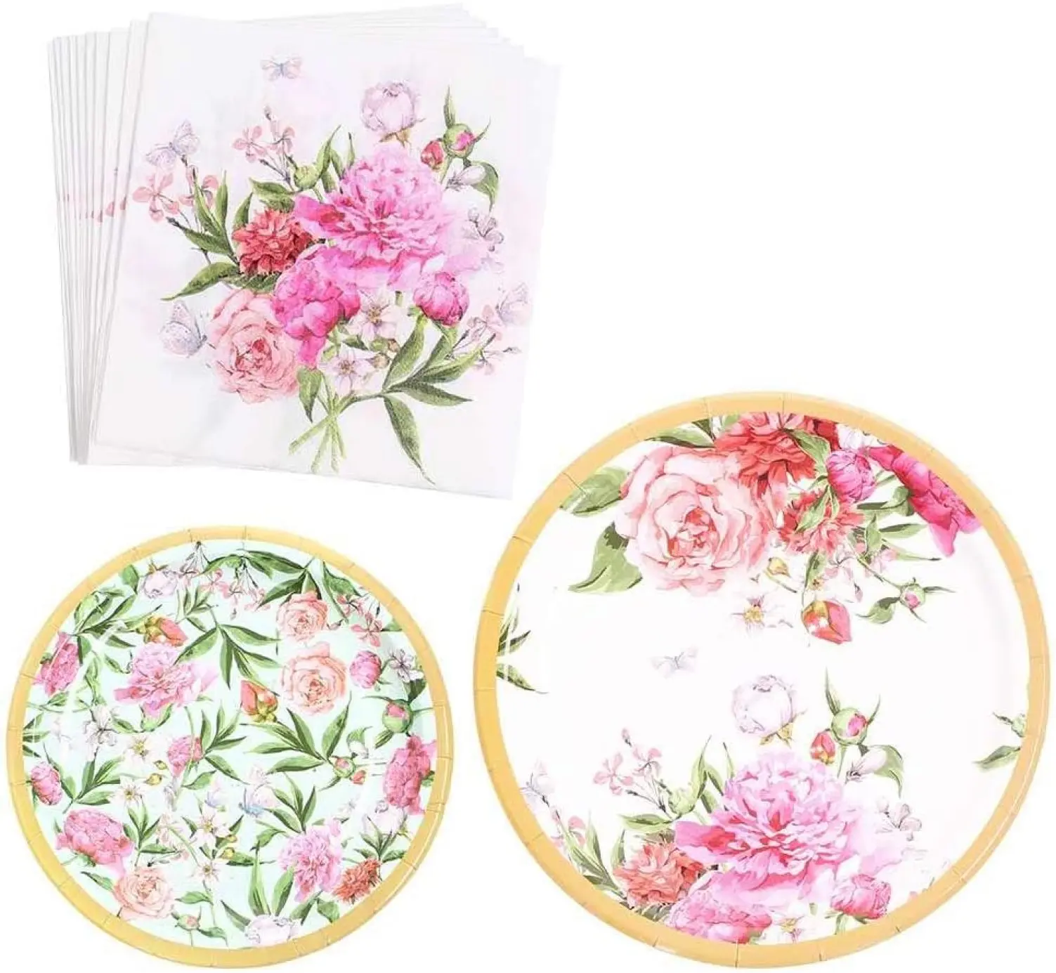Vintage Floral Party Supplies Set(Serves 16) - Paper Plates, Napkins|Great for Wedding Parties, Bridal Shower, Baby Shower and Birthday Party
