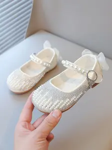Girls' Heart Pearl Rhinestone Mary Jane Flats, Sweet Luxurious Princess Style, Magic Tape Easy Wear, Non-Slip Soft Sole, Round Toe