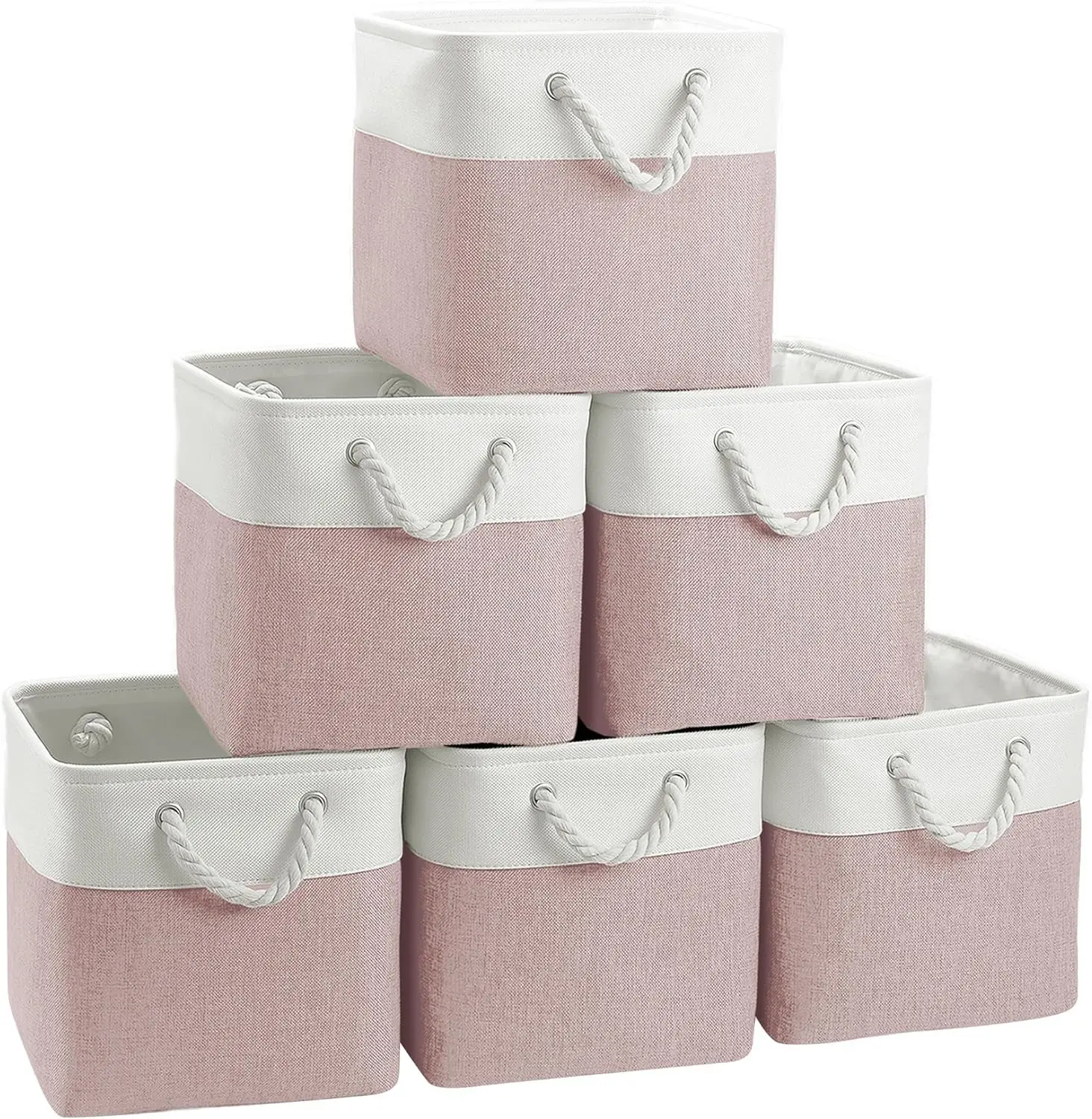 FinishingBo 11 inch Cube Storage Bin with Handles 6 Pack | Foldable Basket, Fabric Storage Bins, Closet Storage, Home Organizer (White/Pink)