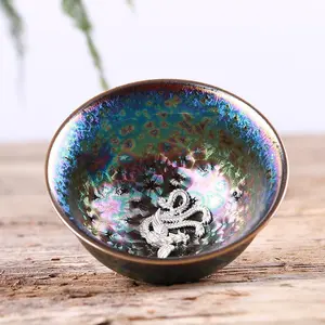 7-Color Jianzhan Ceramic Tea Cup Set with Silver Inlays - Fish, Lotus Flower, Dragon & Phoenix Motifs, Kiln-Varied Sky-Blue Style, Large Master Cup for Tea Appreciation, Ceramic Tea Cups Teacup