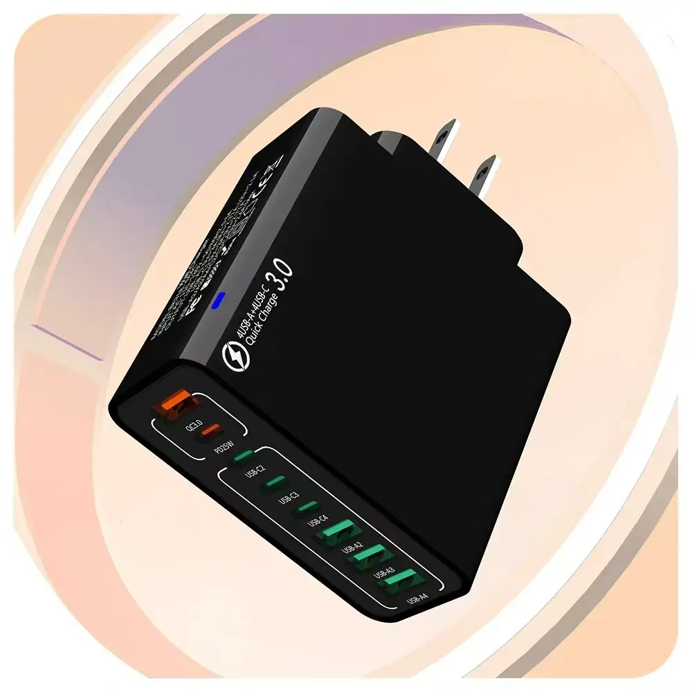 8-in-1 Waterproof Plastic Wired Multi-Port Charger Plug - 4 Type-C, 4 USB Ports, Supports Fast Charge, Charging Station for Smartphones, Home Office Use, Yes