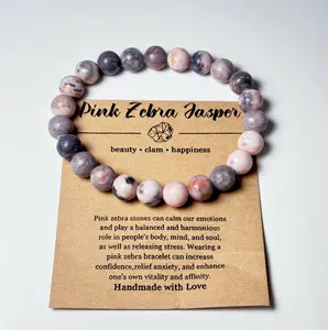 Pink Zebra Jasper Bracelet with Card – 8mm Stretch Crystal Bracelet – Friendship & Healing Bracelet – Adjustable Protective Gemstone Jewelry