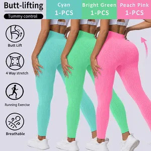 Fashion Candy Colors Women High-Waisted Butt-Lifting Tummy-Control Leggings, Soft Comfortable Breathable Elastic Ribbed Texture Sport Pants, Gym Workout Yoga Fitness Leggings, Suitable For Casual and Versatile Styles, Everyday Wear Must-Have For Wardrobe