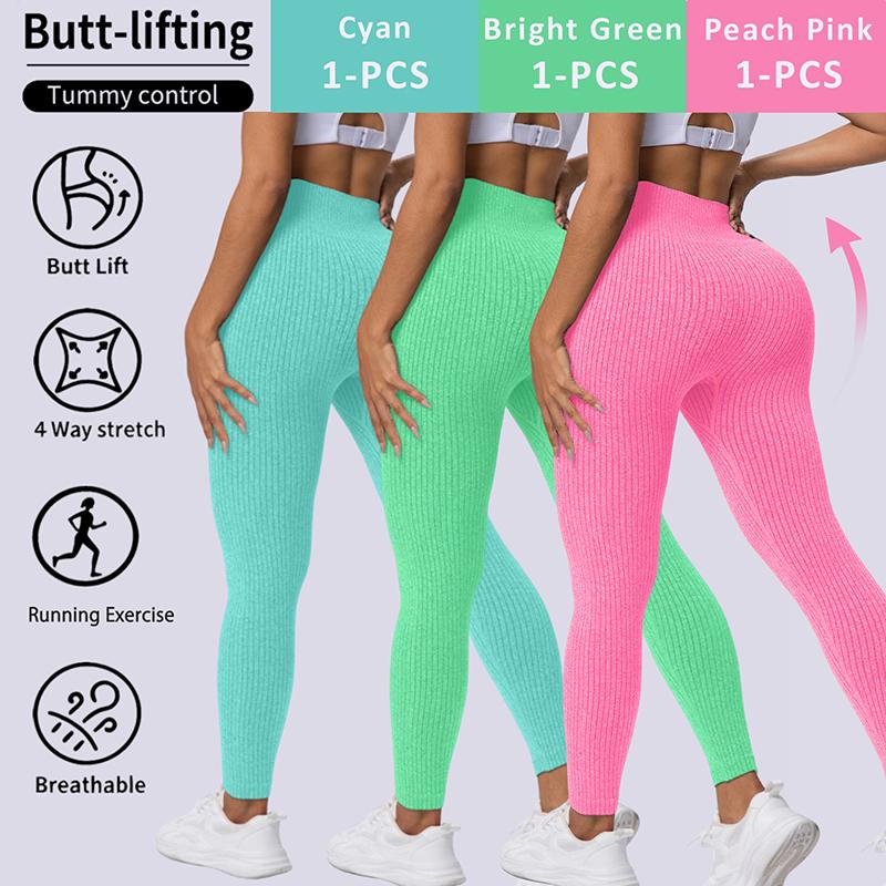 Fashion Candy Colors Women High-Waisted Butt-Lifting Tummy-Control Leggings, Soft Comfortable Breathable Elastic Ribbed Texture Sport Pants, Gym Workout Yoga Fitness Leggings, Suitable For Casual and Versatile Styles, Everyday Wear Must-Have For Wardrobe