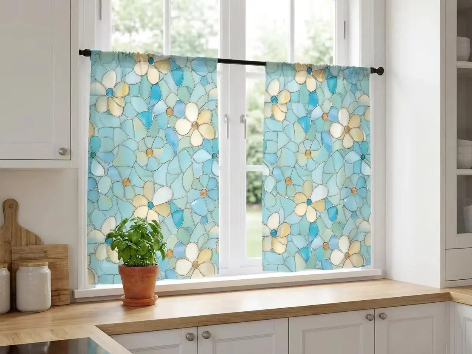 Stained Glass Cafe Curtains | Blue Aqua Floral Kitchen Half Curtains | Mosaic Style Window Tiers | Light-Filtering Kitchen Curtains