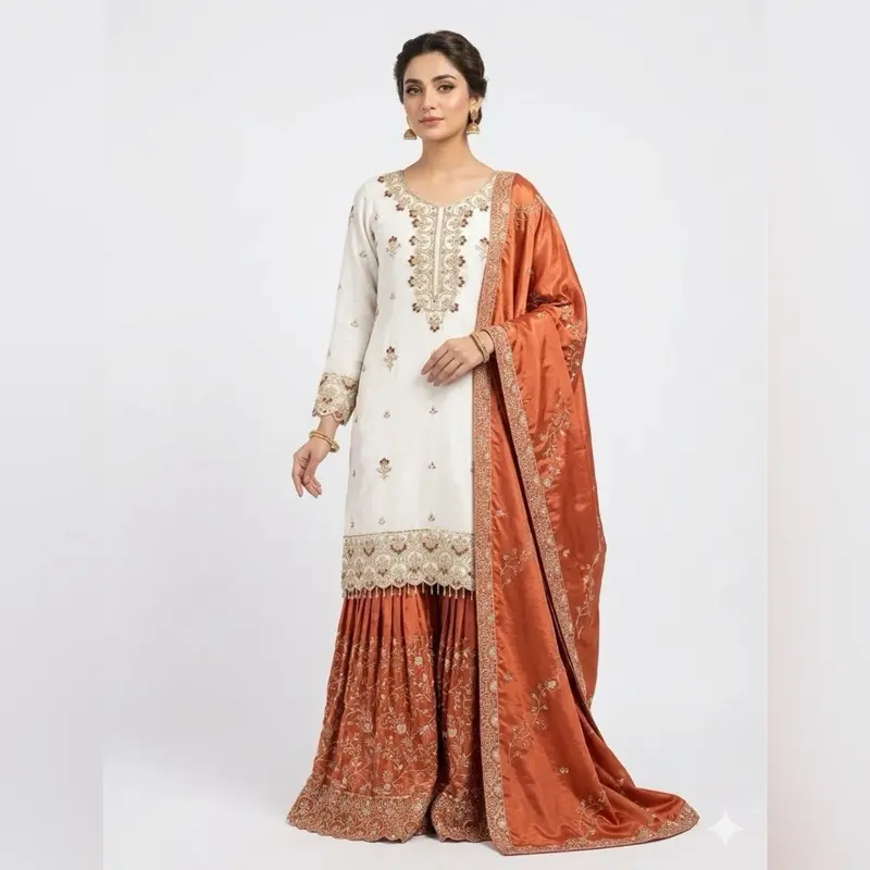 Traditional Indian Gharara Suit, 3-Piece Womenswear Set with White Top and Green Skirt, Casual Lady Clothes with Dupatta, Matching Dupatta, Original, Women's Clothes