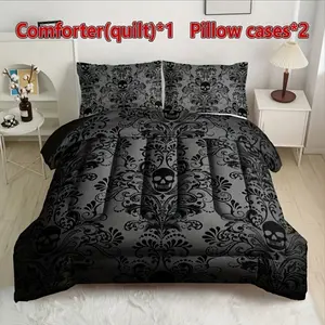 3pcs Skull Pattern Quilt Set (1 Quilt + 2 Pillowcases), Soft Breathable Printed Home Dorm Bedding, All-Season Comfort