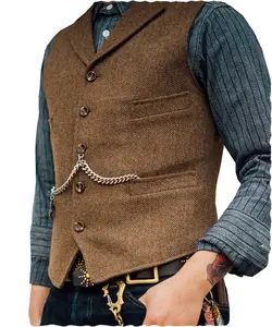 Mens Classic Cowboy Single Breasted Tweed Herringbone V-Neck Suit Vest Wool-Polyester Blend Steampunk Fashion Ideal for Vintage Outfits Business