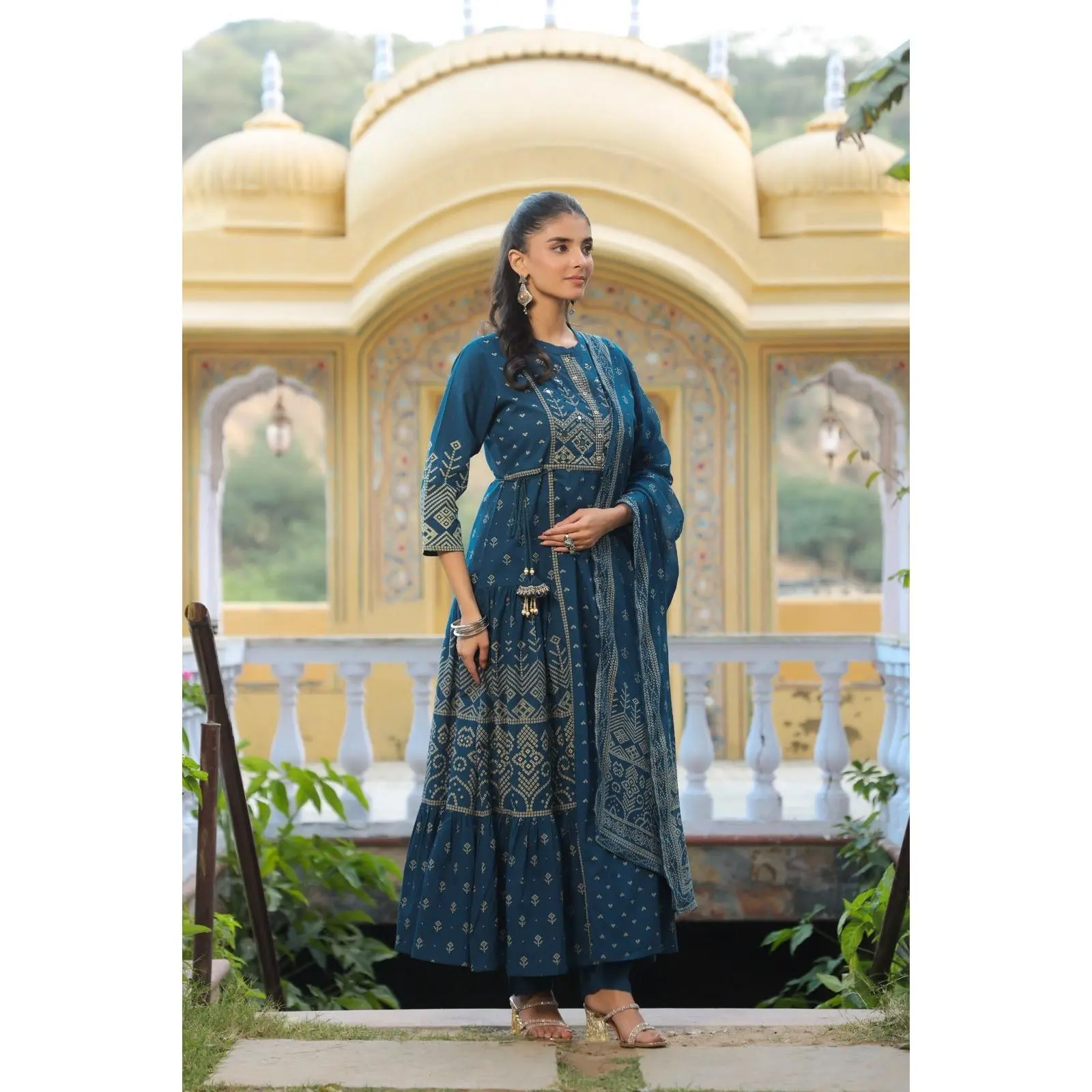 Teal Blue Cotton Anarkali Kurta Set with Dupatta - Ethnic A-Line Tiered Tunic & Pants for Women - Traditional Festive Wear