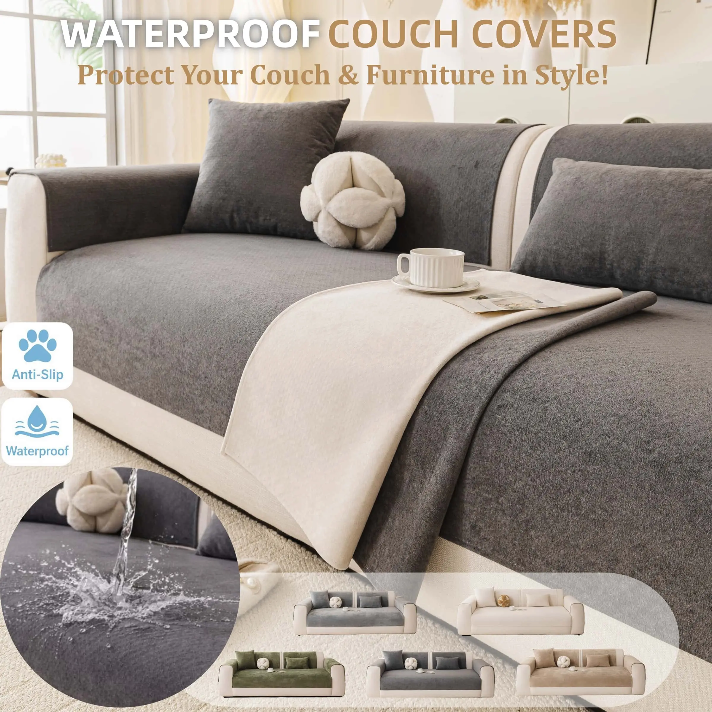 Waterproof Sofa Cover, Spill-Resistant Couch Protector, Non-Slip Washable Sofa Mat, Pet-Friendly Anti-Scratch Furniture Cover for Sectional, Loveseat & 3-Seater Living Room Decor, Washable Couch Slipcover, Couch Covers