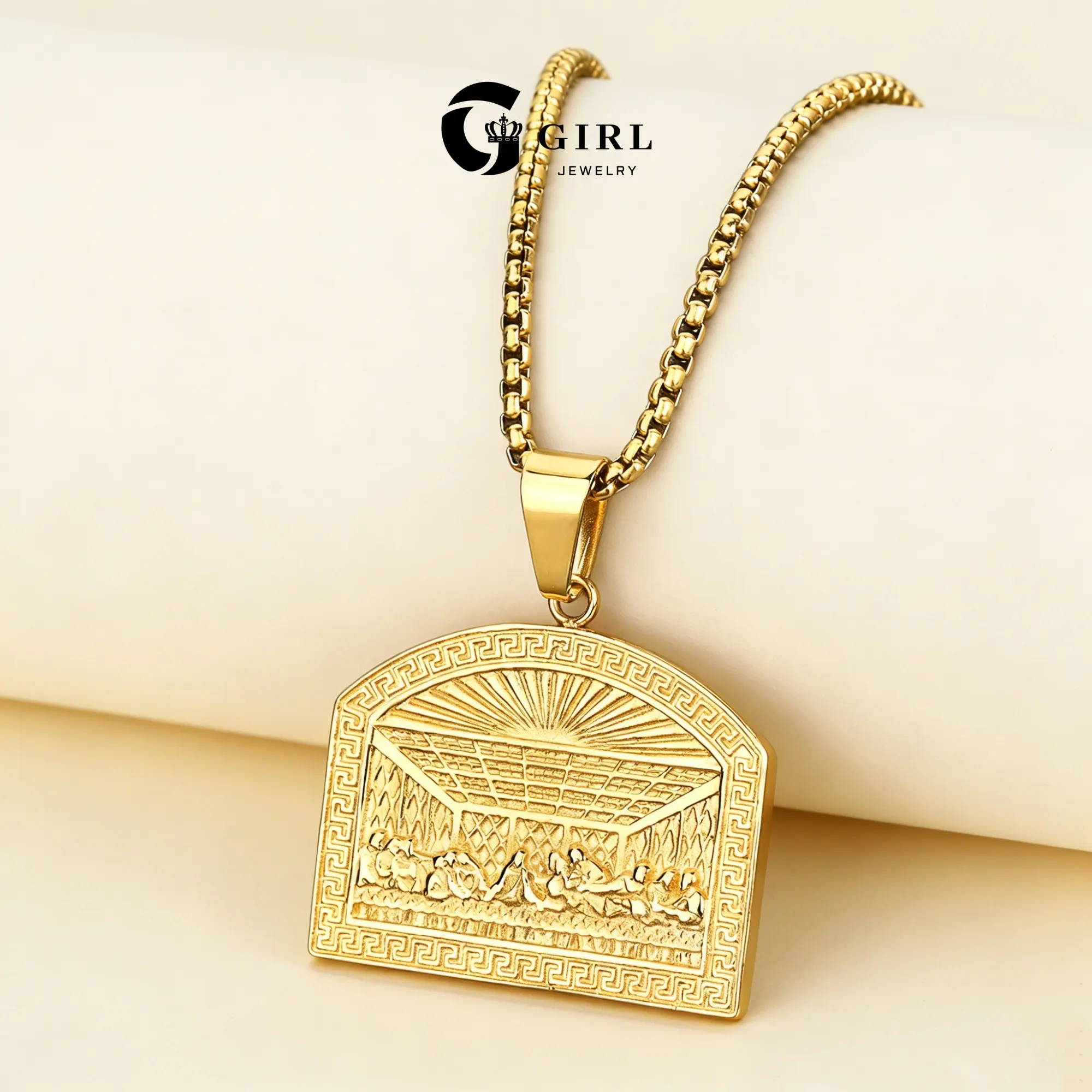 GGIRL 18K Gold Plated Last Supper Jesus Titanium Steel Pendant Hip-Hop 60cm Golden Rope Stainless Steel Necklace for Men Women, Fashion Jewelry Gifts for Holiday Birthdays Anniversaries Various Festivals Occasions