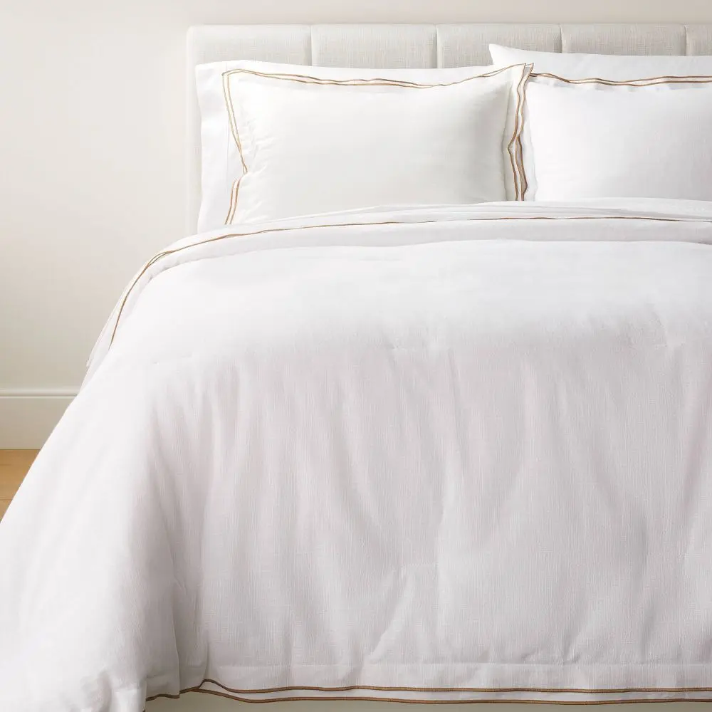 King Double Flange Merrow Stitch Comforter & Sham Set White/Camel - Threshold designed with Studio McGee: Cotton Quilted