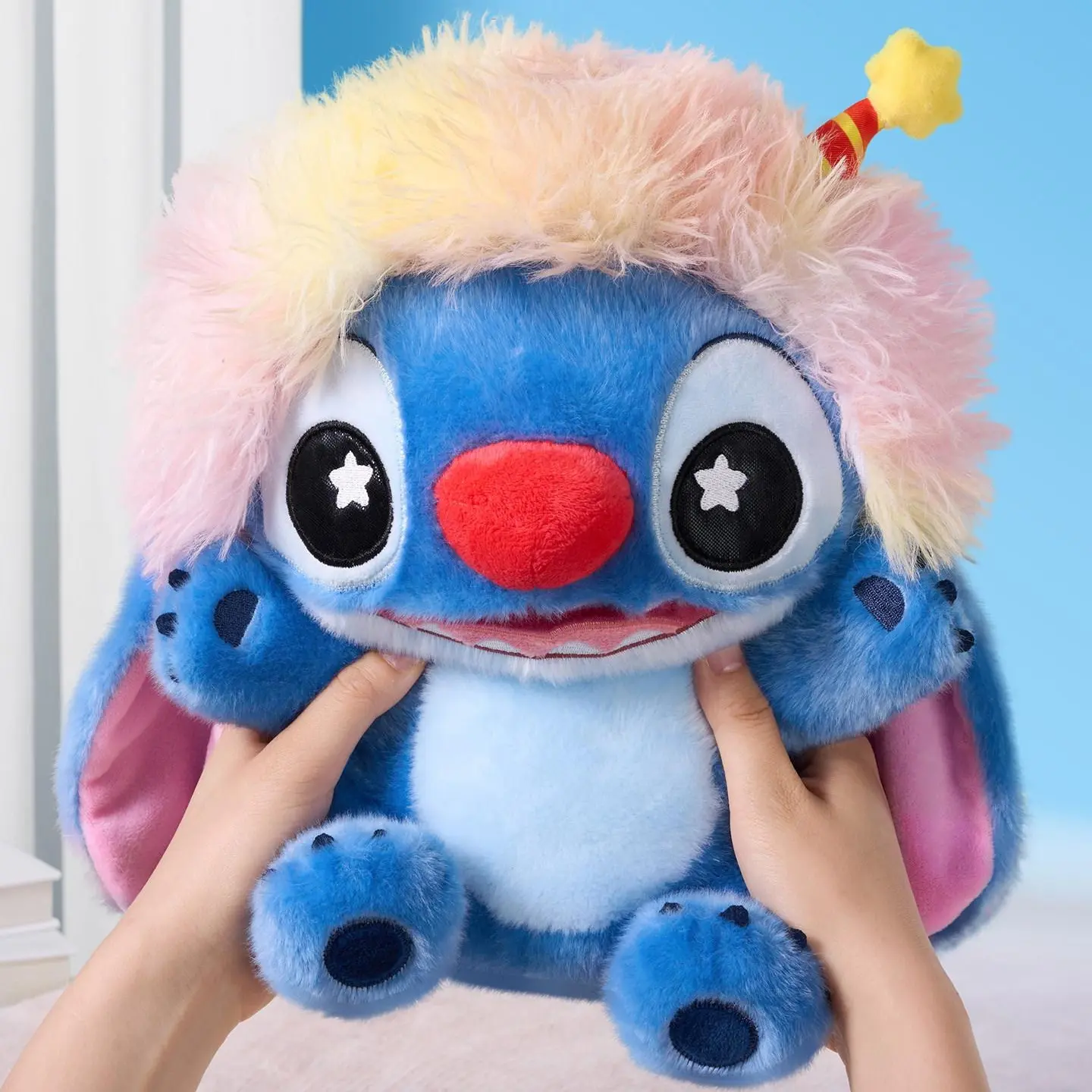 Disney Stitch Mischief Series Afro Clown No.12 Sitting Soft Plush Stuffed Animal Toy, Cuddly Doll Gift, Cute Collectible for Stitch Fans