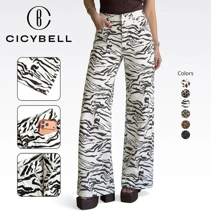Cicy Bell Womens Wide Leg Jeans High Waisted Leopard Baggy Stretchy Denim Pants with Pockets
