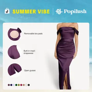 Popilush Built-in Shapewear Cocktail Maxi Dress Casual Everyday Fit Off Shoulder Shine Ruched Sculpting with Adjustable Fabric Bra Mesh Shimmer Comfort Minimalist Mesh Elegant Sleeveless Fit Overall Pleated Womenswear Outerwear