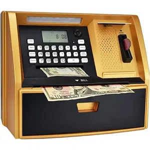 Plastic Talking ATM Savings Bank - Digital Piggy Bank with Money & Coin Handling Machine, Kids' Birthday Gift Home Decor (Golden/Black)