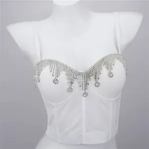 Tube Tank Halter Top Bra Handmade Rhinestone Glisten Tassel Fishbone Blusas Short Corset Sling Wedding Party Blind Date Stage Party Shaper Crop Spring Summer Rave Outfits Woman Shirt Vest Sexy Clothes Elevated Going Out Tank Tops