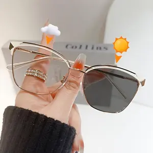 Women’s photochromic cat-eye glasses with a metal frame and anti-reflective lenses; hiking sports eyewear; luxury party fashion accessory; outdoor travel decorative glasses